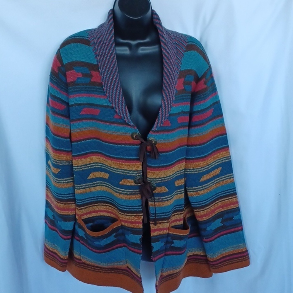 Back in the Saddle Chocolate & Turquoise Aztec Print Cardigan Sz XL. EUC, 26"PTP